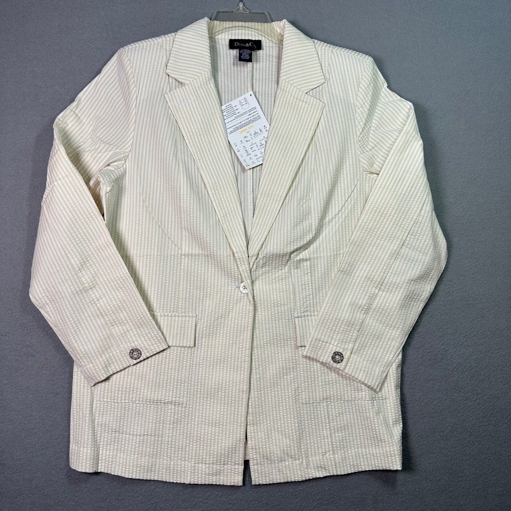 Denim &‎ Co Seersucker Striped Blazer Jacket Tan White Coastal Grandma Large NEW